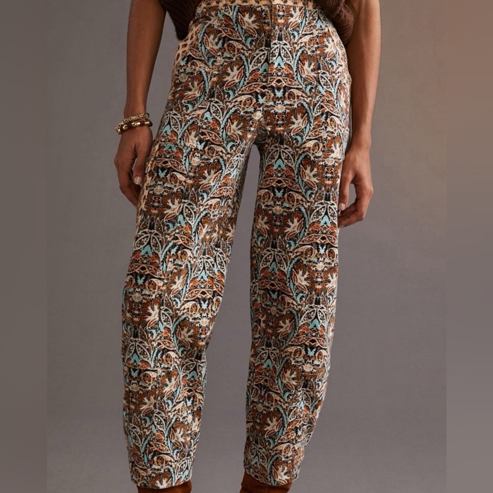 ANTHROPOLOGIE Corduroy Barrel Pants Blue Aztec Print Brown Boho Western